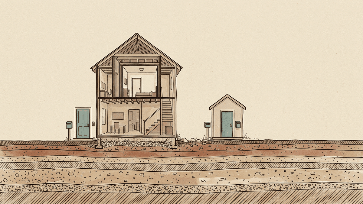 1軒の家の中に部屋として作られた区画と、同じ敷地に別棟として建てられた小屋を並べ、母屋と部屋は1つの玄関と郵便受けを共有し、小屋は自分の玄関と郵便受けを持っている様子を見比べる図。