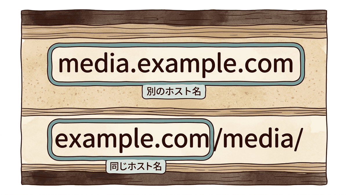 サブディレクトリとサブドメインのURLで、ホスト名にあたる部分を比べた図