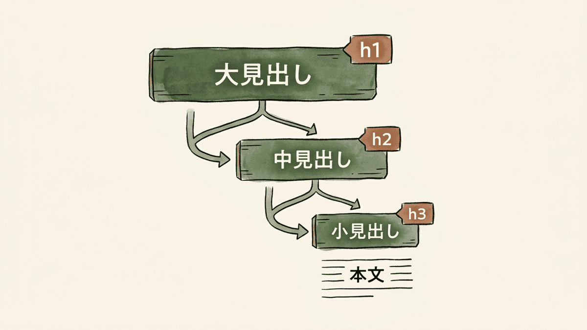 大見出し・中見出し・小見出しの3階層とhタグの対応を示した構造図