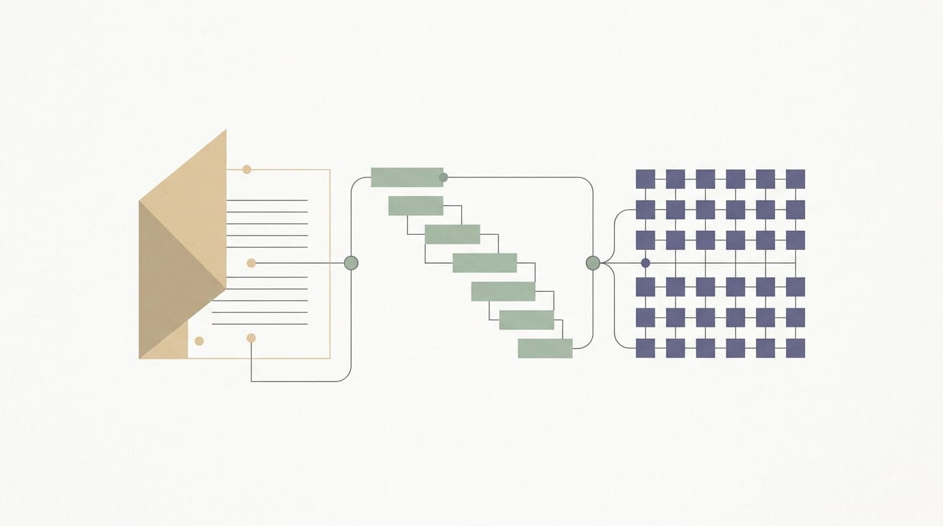 Notion・Asana・スプレッドシートの3ツール連携を表す抽象的なエディトリアルイラスト