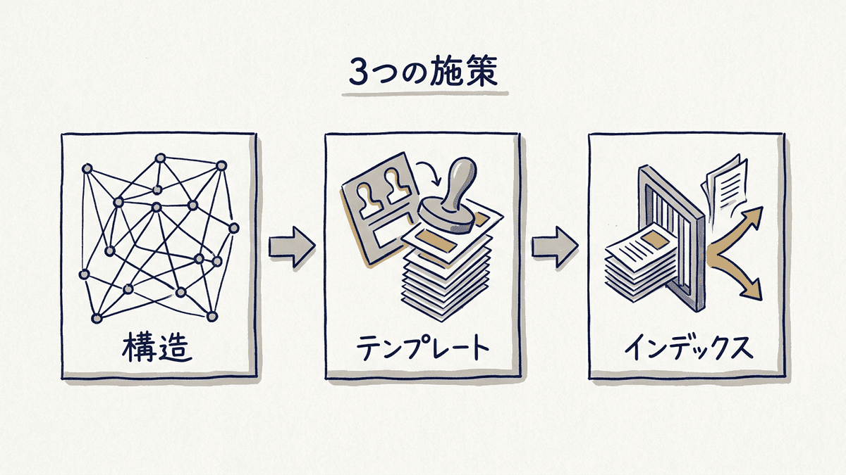 大規模サイトのテクニカルSEOを、構造の最適化、テンプレートの最適化、インデックスの制御の3つに分けた図