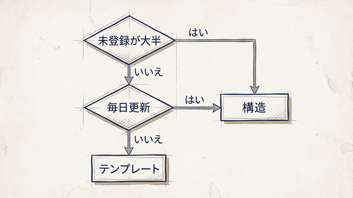 手を付ける施策を、未登録のURLの多さと更新の頻度で決める流れ図