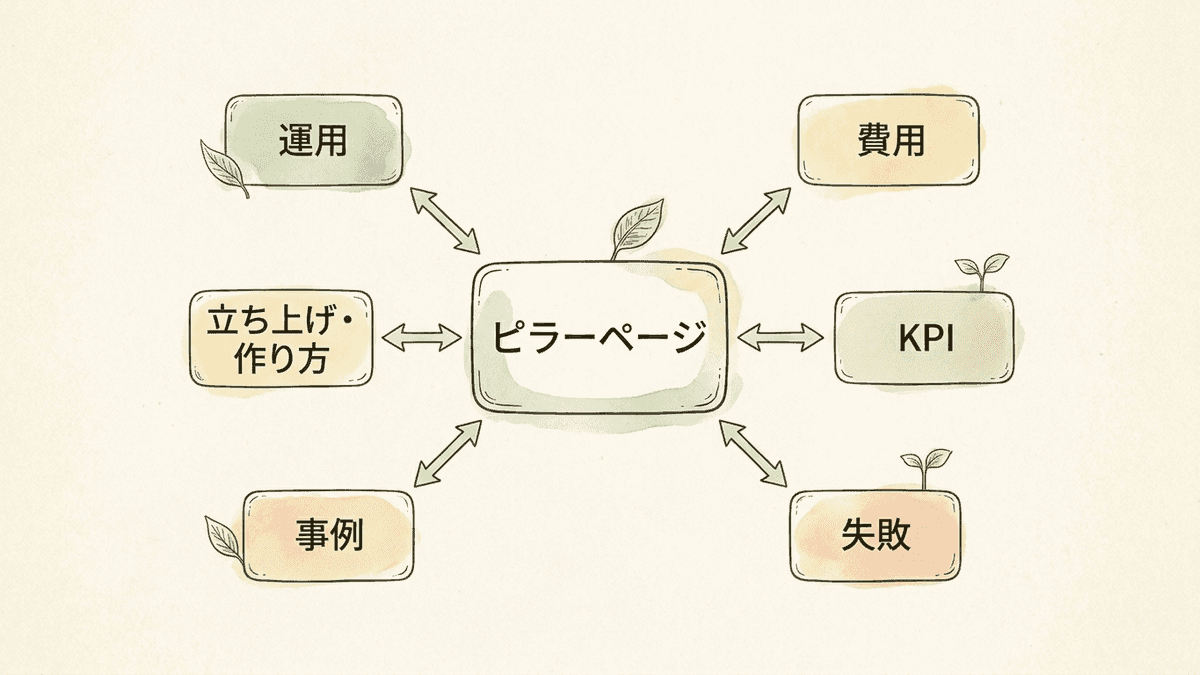 ピラーページとクラスターページを内部リンクでつないだトピッククラスターの構造図