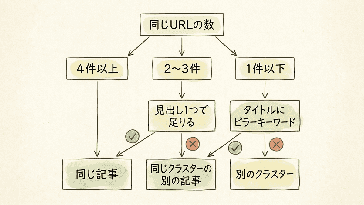 上位10件の同じURLの数とタイトルでキーワードを3種類に分ける判断の流れ図