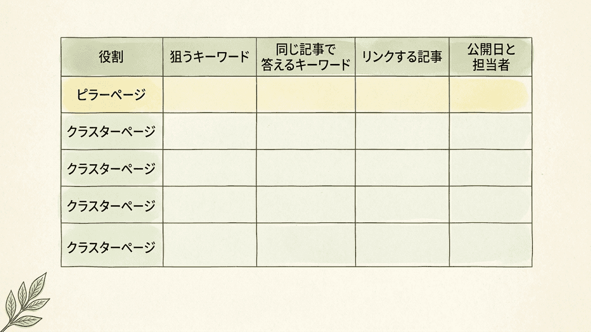 1行に1本の記事を書いたトピッククラスターの制作計画表の図