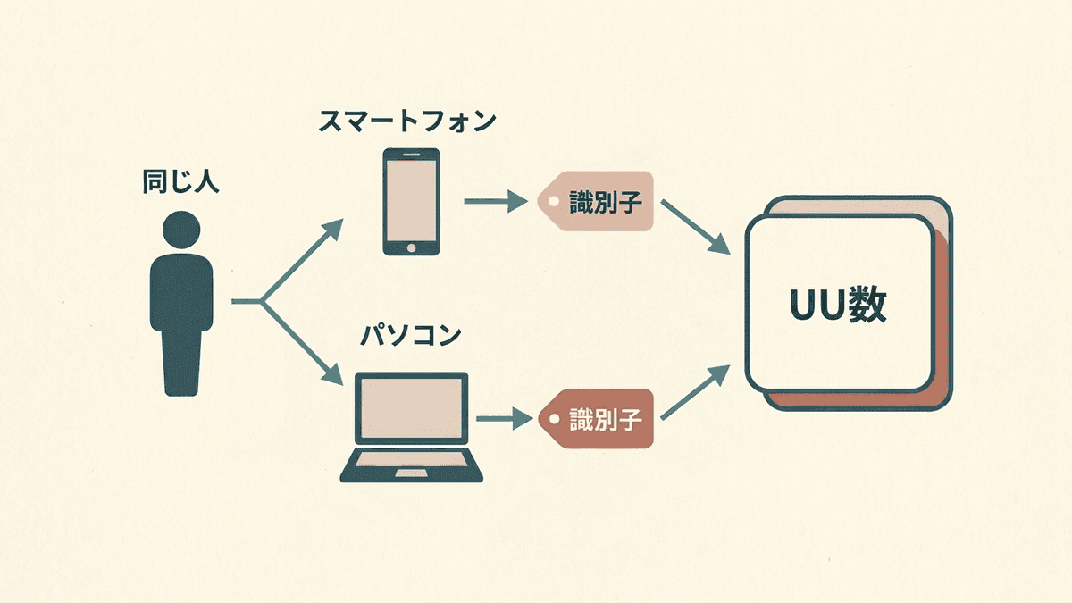 1人の読者がスマートフォンとパソコンからサイトを見て、UU数が2と数えられる仕組みの図