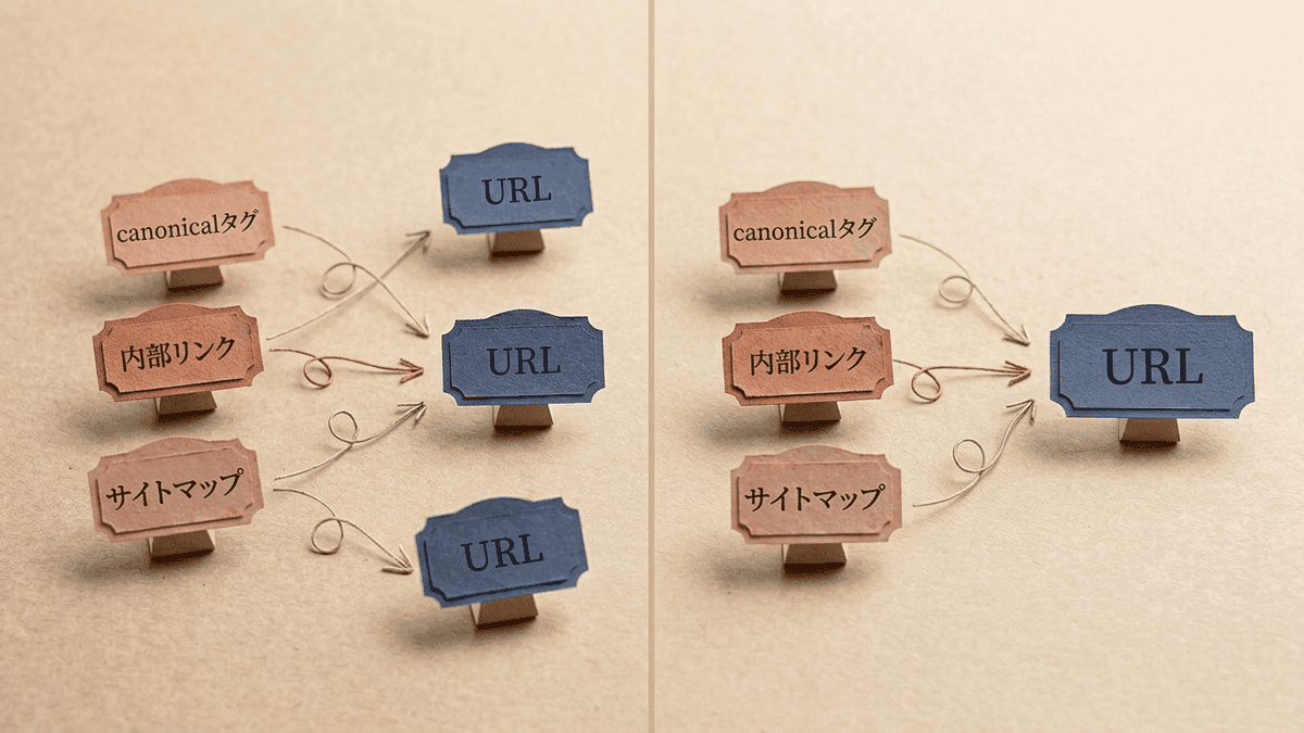 canonicalタグ、内部リンク、サイトマップがそれぞれ別のURLを指している状態と、同じURLにそろった状態の比較図