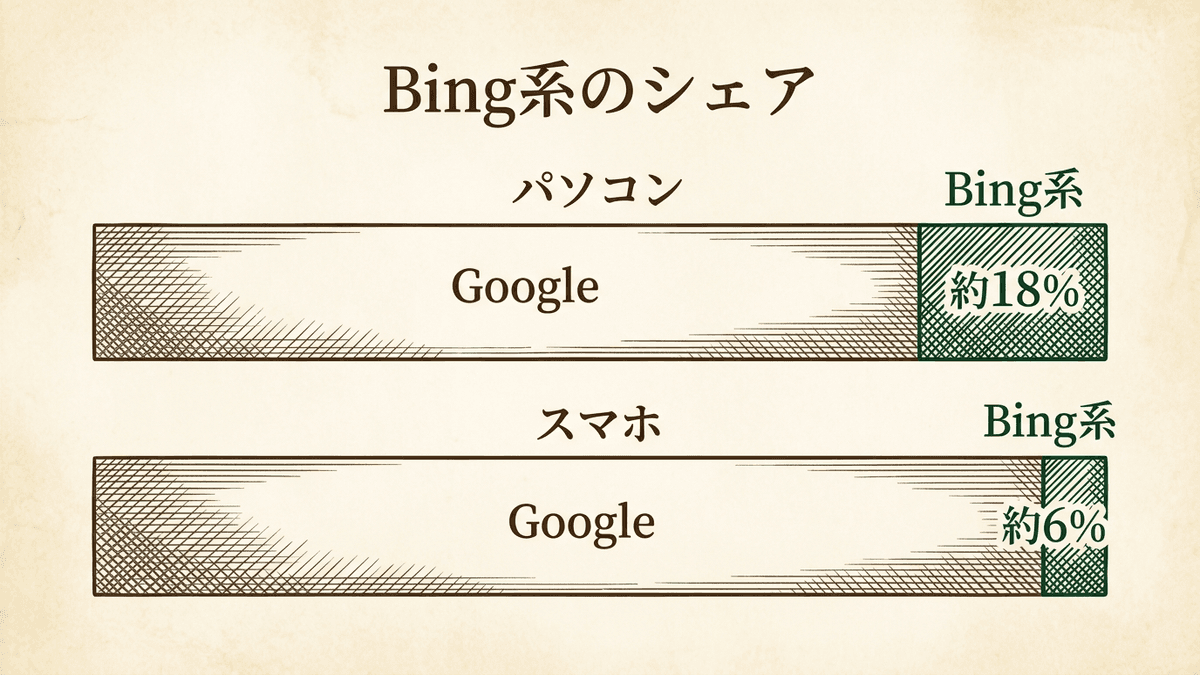 パソコンとスマホでBing系の検索エンジンのシェアを比べた図