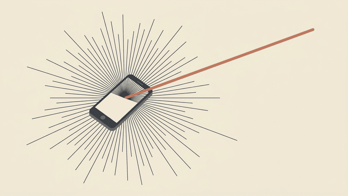 スマートフォンの画面から無数の共有の線が放射状に広がり、そのうち一本だけが太く長く伸びている様子を俯瞰で描いた図。拡散の当たり外れの大きさを表す。