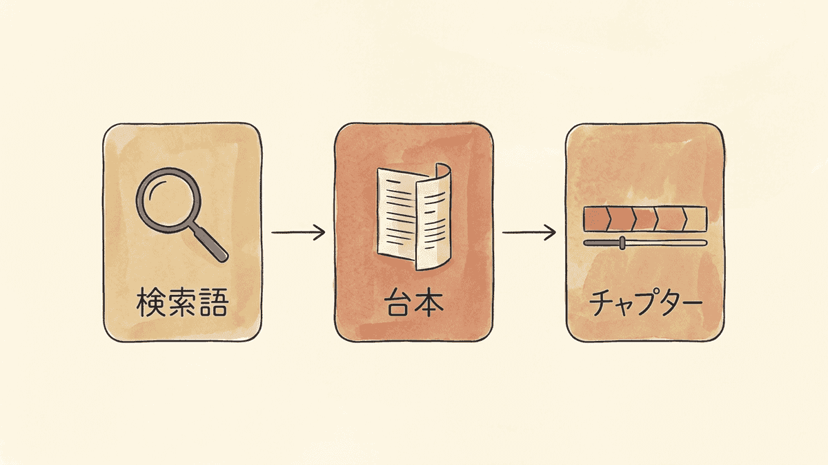 検索語から台本の冒頭、話の区切り、チャプターへと対応させる流れ図