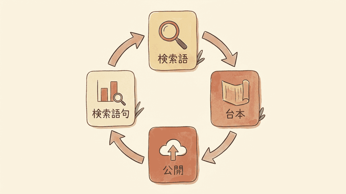 検索語を決めて台本を作り、公開し、アナリティクスで検索語句を確かめて次の検索語選びに戻る循環図