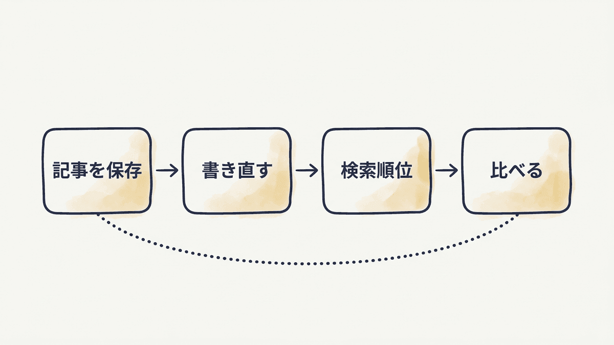 書き直す前に保存し、順位が変わったら変更前後を比べる流れの図