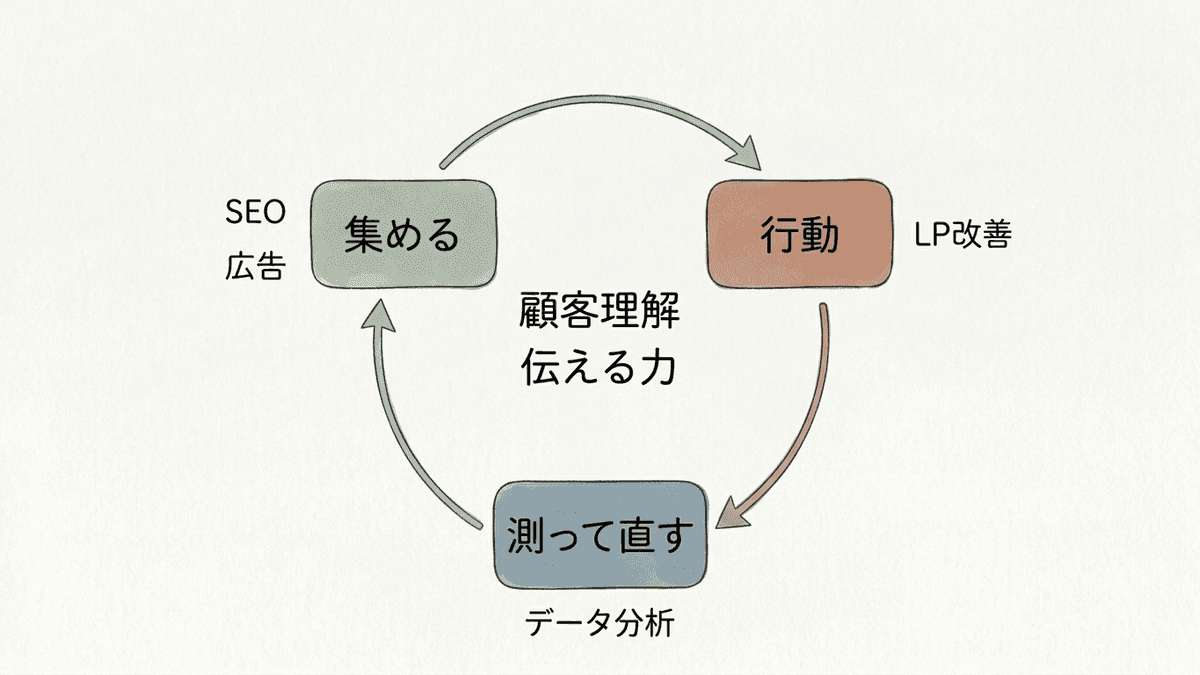 Webマーケティングの3つの工程と使うスキルを示した図