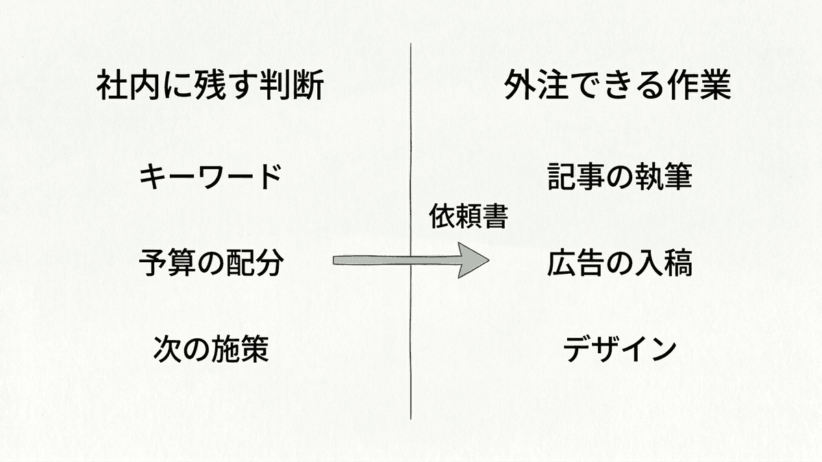 社内に残す判断と外注できる作業を左右に分けた図