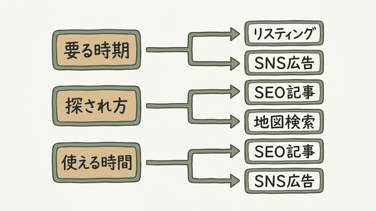 3つの条件からおすすめのWeb集客方法が決まる流れの図
