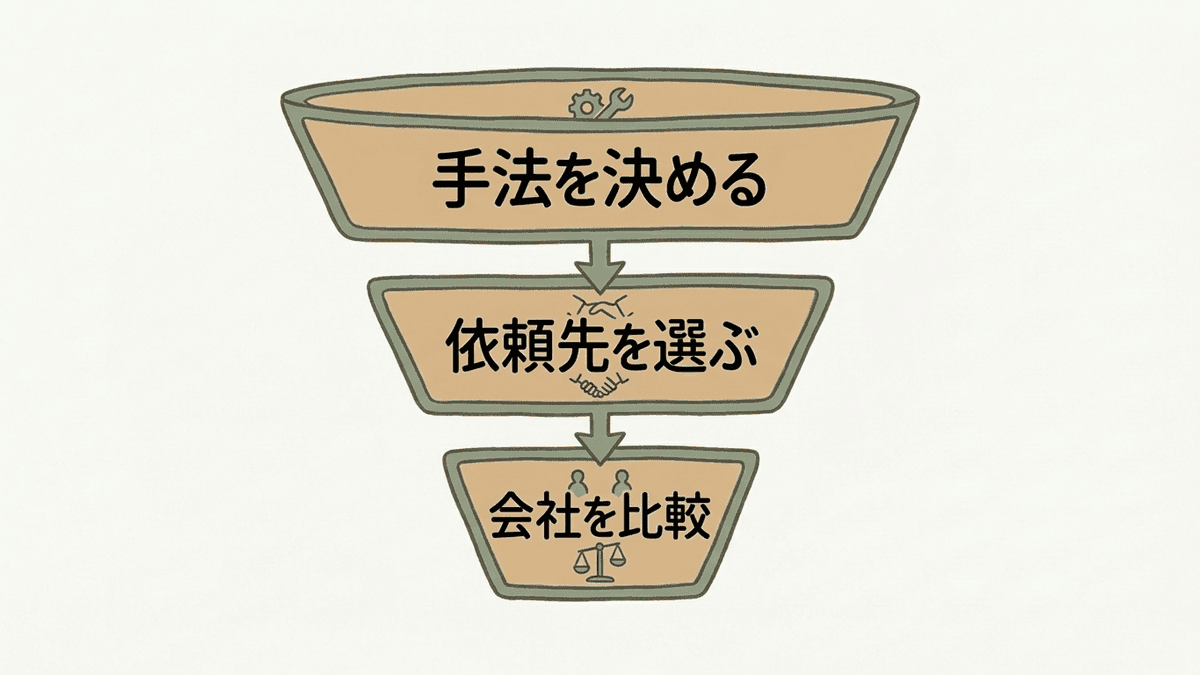手法、依頼先の種類、会社の順に候補を絞る流れの図