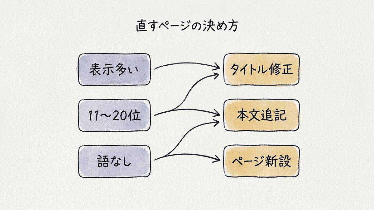 Search Consoleの検索語の一覧から、直すページを決める流れの図