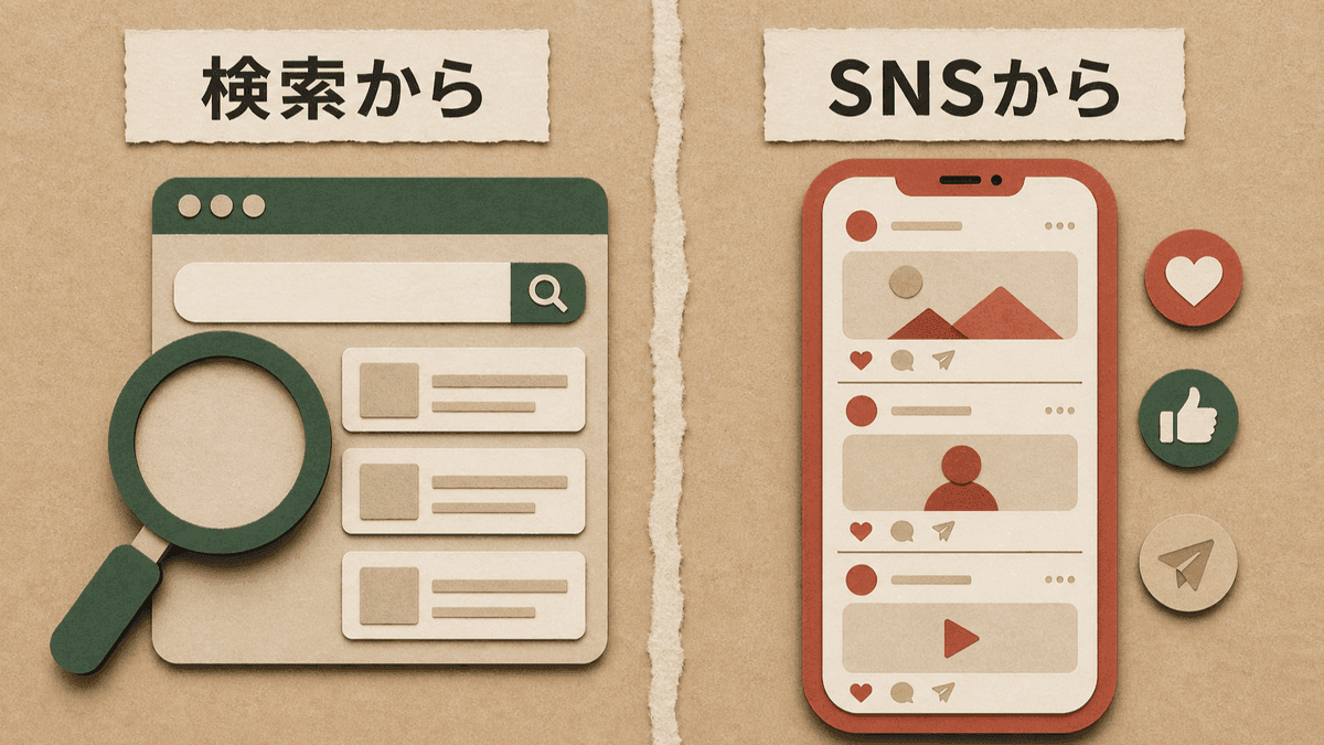検索から来る読者とSNSから来る読者の違いを示した対比図