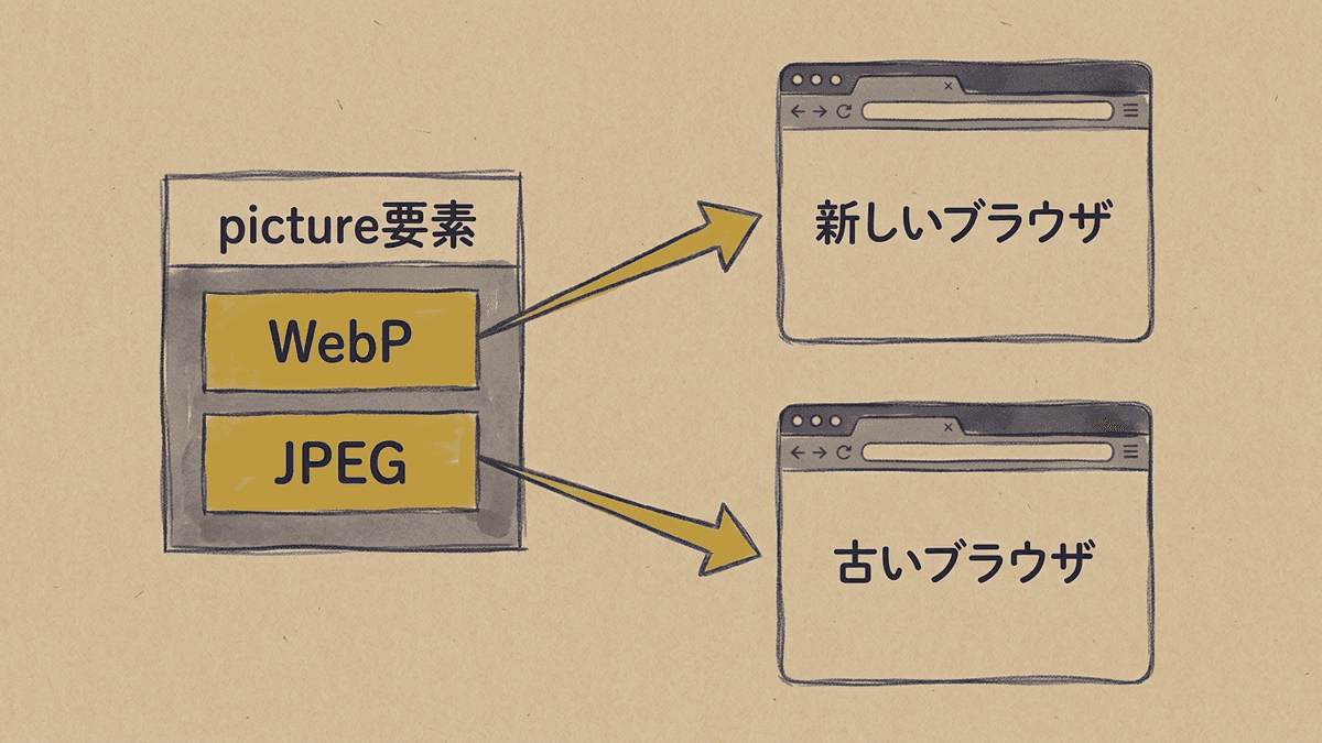 picture要素で、ブラウザがWebPかJPEGのどちらかを選んで表示する流れの図