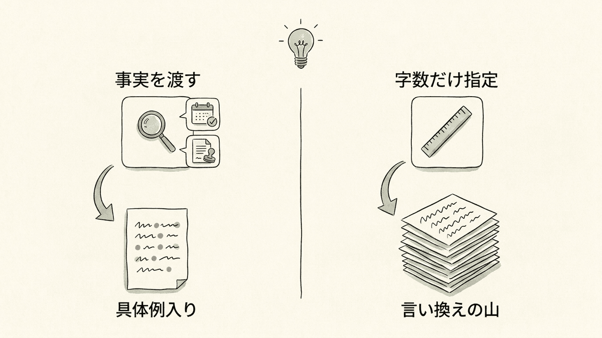 事実を与えた場合と字数だけ指定した場合で出力が変わる様子を比べた図