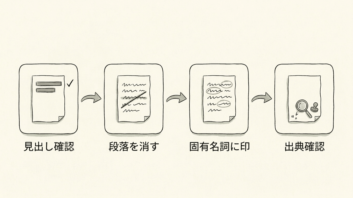 生成した記事を公開前に点検する四つの手順のフロー図