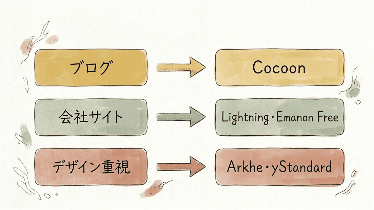 作るサイトの種類ごとに無料の日本語テーマの候補を示した図