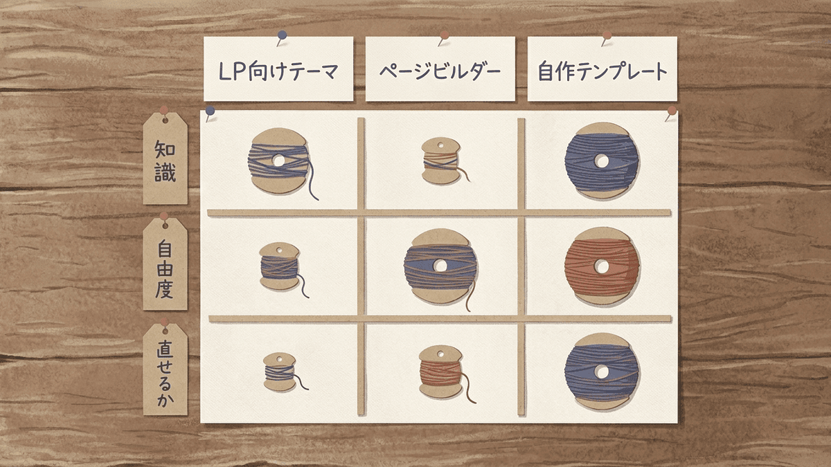 WordPressでLPを作る3つの方法の比較図
