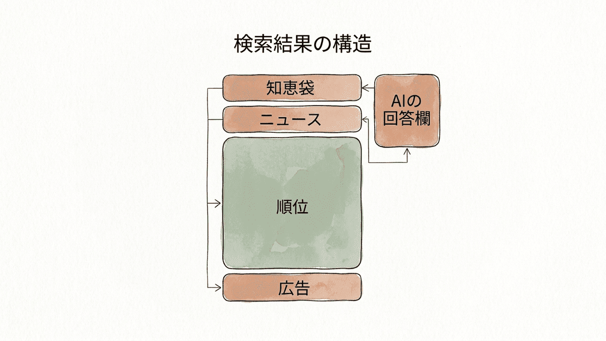 Yahoo!検索の結果画面のうちGoogleが担う部分とYahoo!が担う部分の構造図