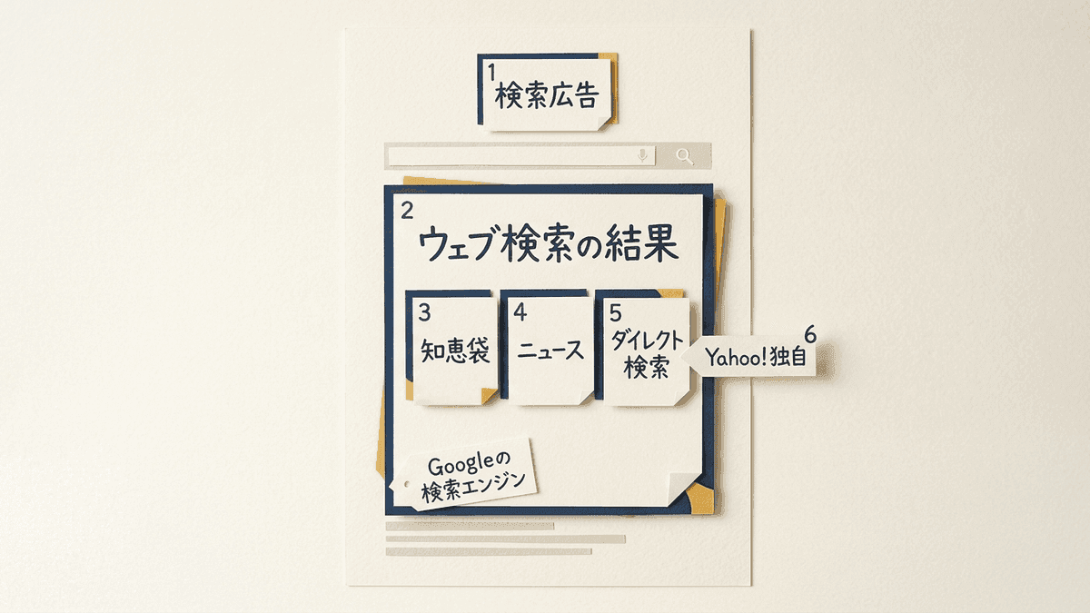 Yahoo!の検索結果画面のうちGoogleの検索エンジンが出す部分とYahoo!独自の部分を示した図