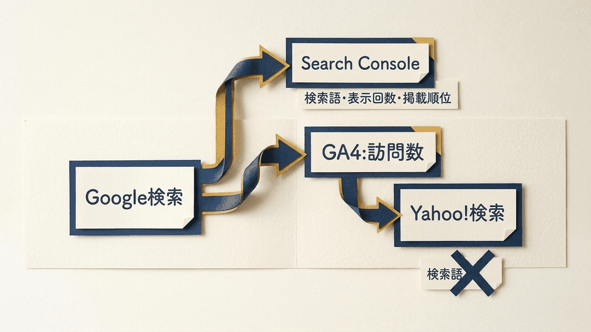 Google検索とYahoo!検索それぞれの流入と順位を確かめる場所を分けた図