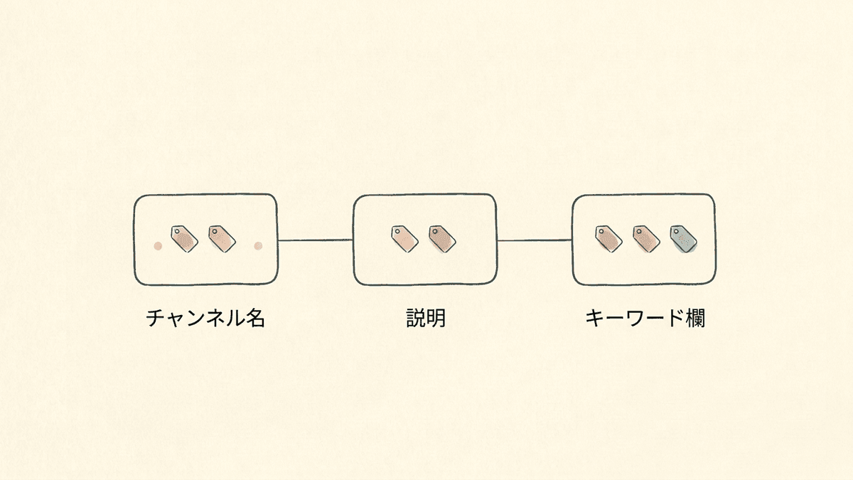 チャンネル名・説明・キーワード欄に同じキーワードを揃える構造図