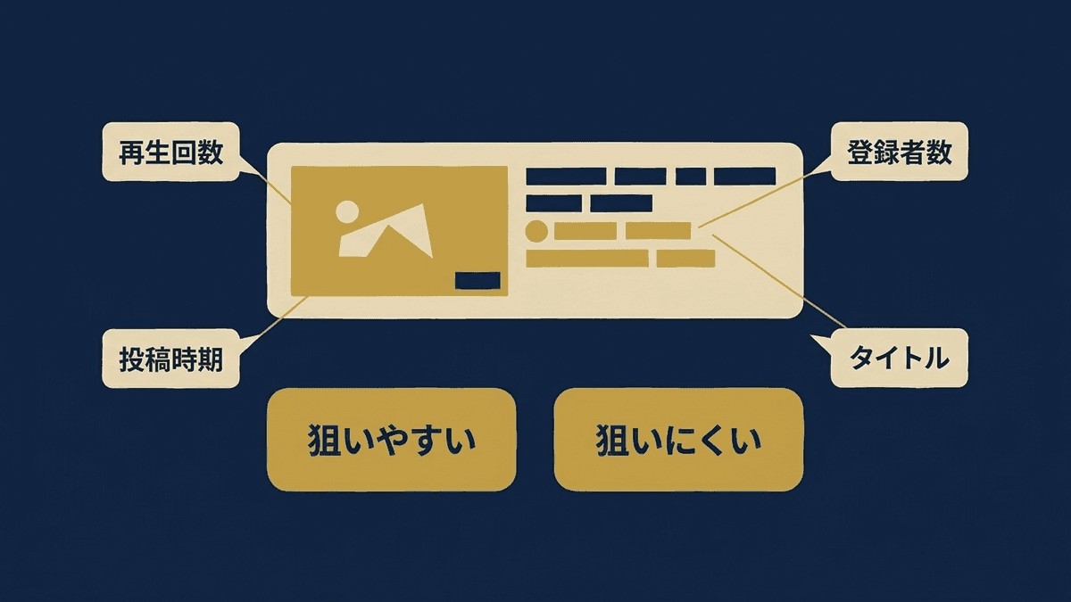 上位の動画を見て狙えるキーワードかを判断する観点を示した図