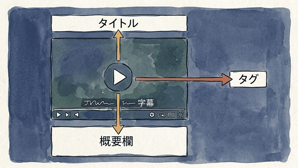 YouTubeでキーワードを入れる4つの場所と役割の図