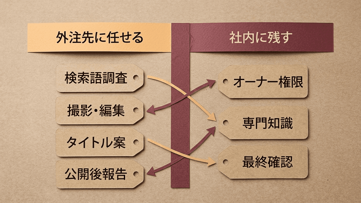 YouTubeSEOで外注先に任せる仕事と社内に残す仕事を左右に分けた図